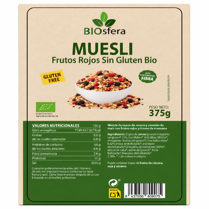 BIOSFERA MUESLI AVENA FRUTOS BOSQUE S/G BIO 375 G