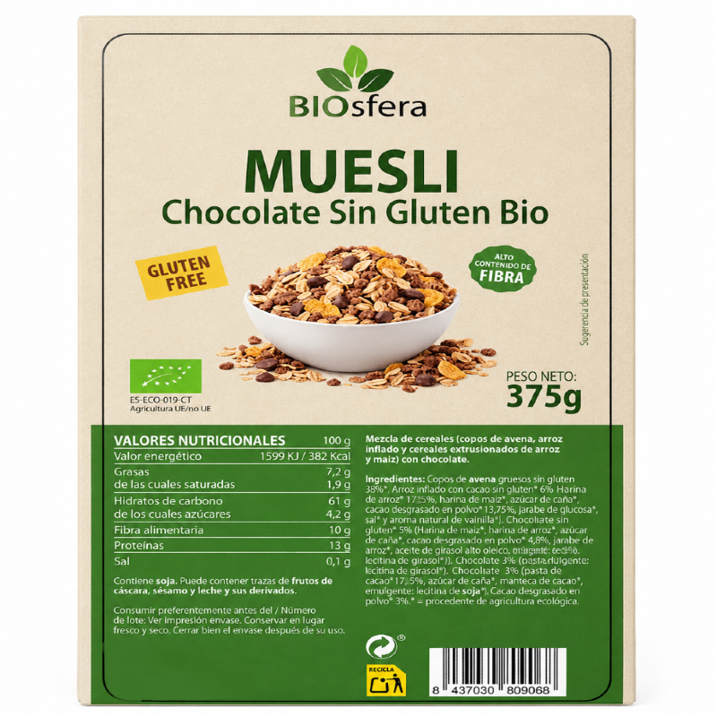 BIOSFERA MUESLI AVENA CHOCOLATE S/G BIO 375 GR