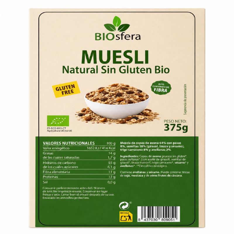 BIOSFERA MUESLI AVENA NATURAL S/G BIO 375 GR
